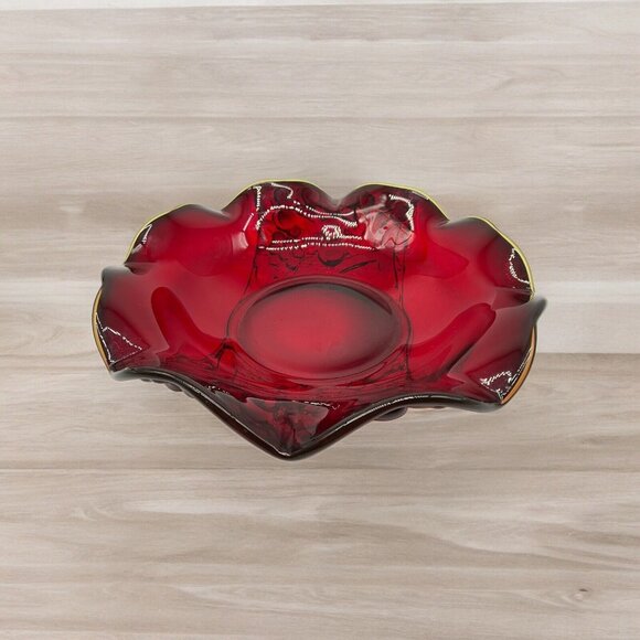 LG Wright Ruby Red Crimped Round Fruit Bowl Embossed Vintage 1960's to 70's Glow - Picture 3 of 16